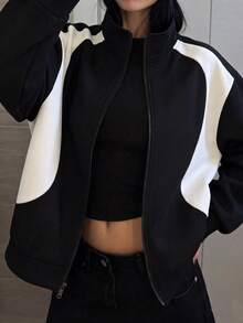Women's Color Block Zip Up Sweatshirt Jacket, Black & White Contrast Track Jacket, Casual Winter Clothes For Women - Black - View 4