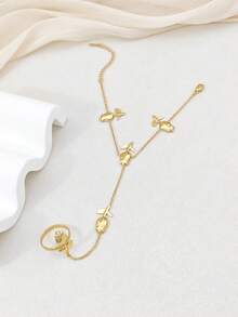 Boho Rose Hand Chain Bracelet For Women, Gold Tone Stainless Steel Ring Bracelet, Floral Jewelry Gift For Bride, Wife And Girlfriend - Gold - View 4