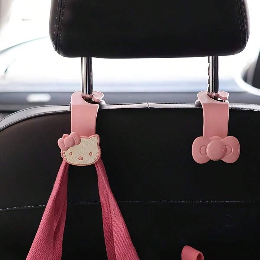 SANRIO 2件組 Hello Kitty 車用座椅背掛勾收納架，可愛鑰匙圈與口罩收納，耐用 ABS 塑料，粉色/黑色，適用於大多數車型，汽車配件，車鑰匙掛鉤，趣味設計，結構穩固，送給家人朋友的貼心禮物