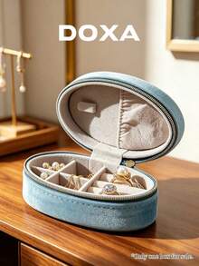 DOXA 霧藍天鵝絨橢圓形旅行珠寶盒，拉鍊隔層收納盒，適合戒指與耳環，僅空盒 - 藍色 - 查看 3
