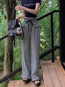 Contrast Plaid High Waist Straight Leg Loose Ruffled Drawstring Casual Women Pants, Spring/Summer - Black and White - View 2