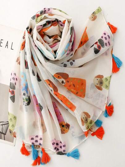 1pc Simple Tassel Fashion Glasses Dog All-Over Print Scarf, Colorful Puppy Tassel Linen Feel Shawl, Vacation Wrap For Women