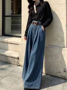 Women's Casual Elegant Denim Wide Leg Pants, With Pockets, Long Washed Fabric, Slightly Elastic, Suitable For Autumn Wear (No Belt) - Vintage Washed Blue - View 3