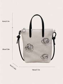 1pc Women's Contrast Color Handbag With Fashion Rose Decoration Zipper Closure, Suitable For Dating Gift - Beige - View 3