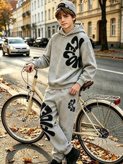 Lurzo Boys' Autumn/Winter Hooded Sweatshirt 2 Pieces Set, Printed Hooded Sweatshirt With Cropped Pants, American Street Style, Suitable For School