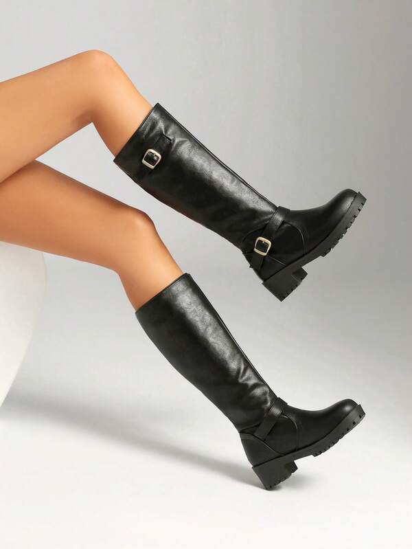 Women's Round Toe Knight Boots, High Shaft Western Boots, Vintage Belt Buckle Long Boots, Chunky Heel Comfortable Outdoor Wear Thick Sole Fashion Boots