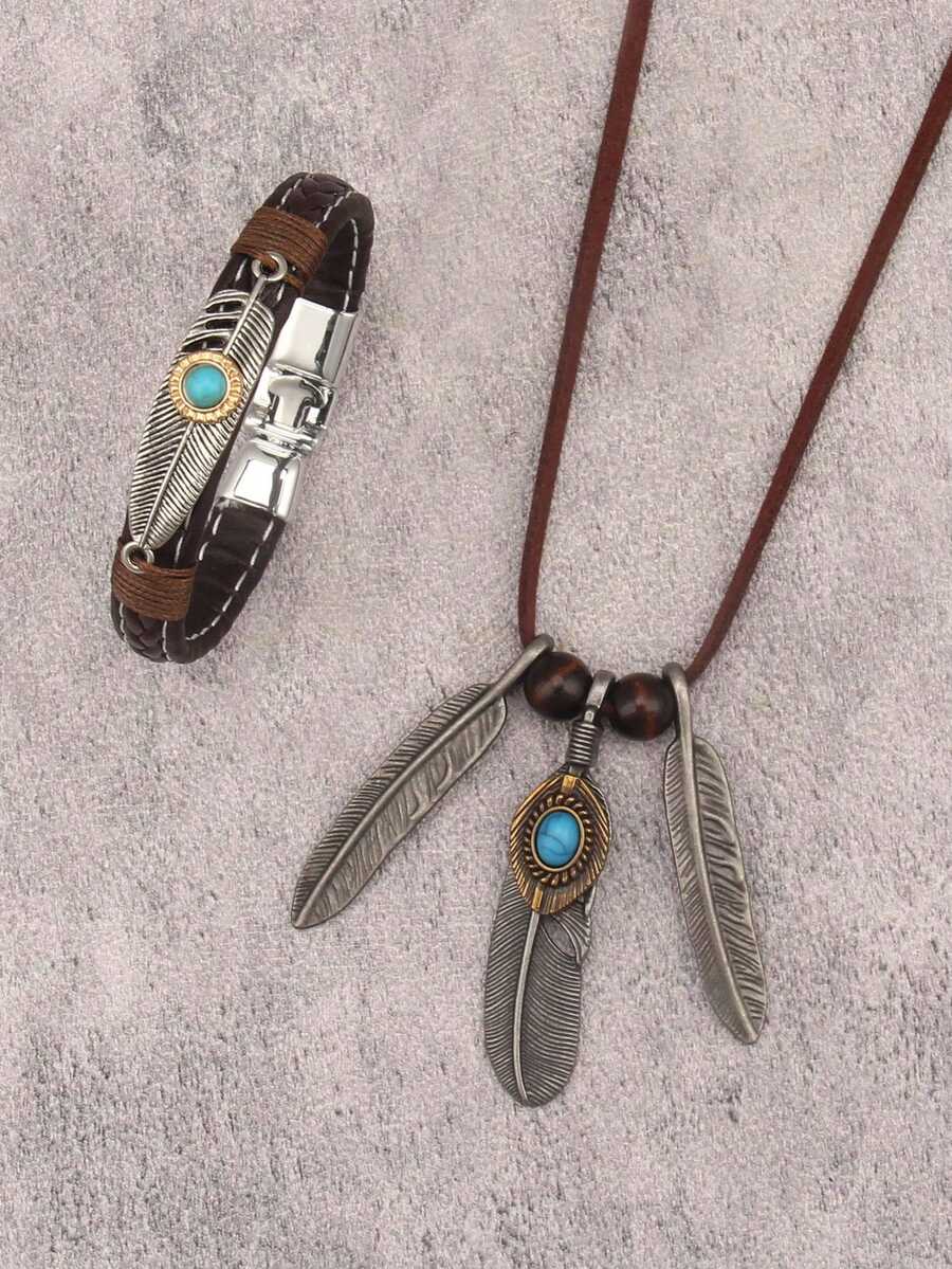 1 Set Of Turquoise Jewelry: Personalized Carved Multiple Layers Black Leather Bracelet For Men, Eagle Claw Turquoise Feather Pendant, Zinc Alloy Brown Rope Long Chain Necklace, Couple Matching Set - Turquoise - View 1