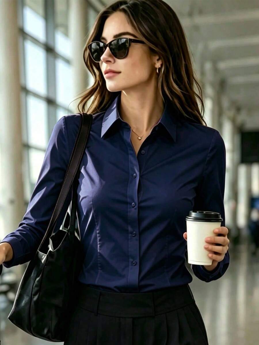 Navy Blue Shirt, Professional Formal Workwear, Long Sleeve Blouse, 2026 Spring Autumn Winter New Business Navy Cotton Lining For Women - Navy Blue - View 1