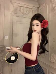 性感女款短版吊帶上衣，附胸墊杯，直領，抓皺設計，休閒紅色夏季風格 - 紅色 - 查看 6