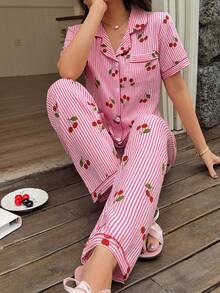 Bubble Crinkle Cherry Striped Print Short Sleeve Long Pants Pajama Set, Wearable As Casual Wear - Pink - View 3