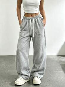Celana Jogging Lebar dengan Tali Serut, Celana Kasual Wanita Longgar Model Lurus, Celana Jogging Longgar untuk Semua Musim - Grey - View 2
