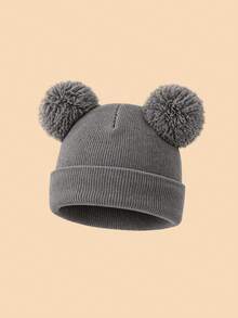 1PC Toddler Cute Double Pom Pom Folded Cuff Beanie, Simple Comfortable Knitted Hat, Suitable For Toddler Autumn/Winter Daily Home Wear, Outdoor Outfits, Warm Casual Winter Hat, Can Be Given As A Gift - Multicolor - View 9