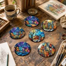 6pcs, Small Town Pattern Printed Diatomaceous Earth Coasters, Absorbent Drink Coasters, Coffee Cup Coasters, Mug Coasters, Tea Cup Coasters, Desktop Protection Pads, Suitable For Dining Table, Coffee Table, Bar Counter And Office Desk Decoration - Multicolor - View 4
