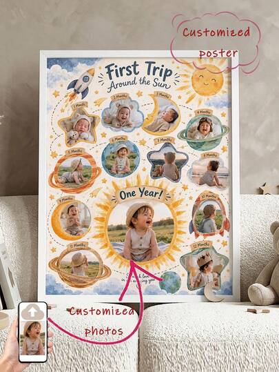 1pc First Trip Around The Sun 1st Birthday Photo Board Space Milestone Poster 12-Month Collage Custom Poster, Bedroom Decor For Adults, Customized Wall Art, Pictures Custom Photo, Customizable Things, Room Decor, Optional Frame.