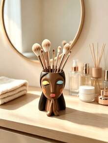 1pc Bohemian Abstract Praying Woman Face Makeup Brush Holder, Resin Makeup Brush Storage Cup, Multi-Functional Pen Holder, Vanity Bathroom Desktop Decor Storage Can, Unique Artistic Home Decor Women Gift - Multicolor - View 6