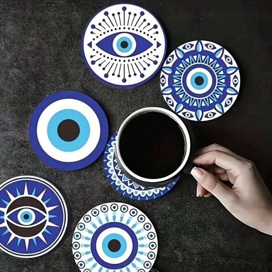 6pcs Blue Mandala & Animal Art Coasters Set, Suitable For All 4 Seasons, Exquisite Wooden Pattern Design, Ideal For Kitchen, Living Room Or Patio Tabletop, Perfect Gift For Friends And Family, Decorative Coasters - - A - View 1