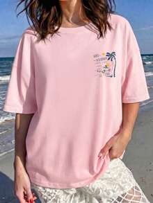 Camiseta Rosa de Manga Curta com Gola Redonda, Estampa de Palmeira e Viagem de Carro na Frente e nas Costas, Plus Size Feminina, Elasticidade Média, Solta, Casual para Verão, Praia e Férias - Rosa chiclete - Visão 3