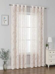 1pc Beige European Floral Sheer Curtain Panel, Suitable For Living Room/Bedroom/Dining Room/Balcony Home Decor, Ocean View Villa Decor, Conference Room/Office Decor, Holiday Party Decor, Keyhole Design, Easy To Remove/Replace/Store - Beige - View 2