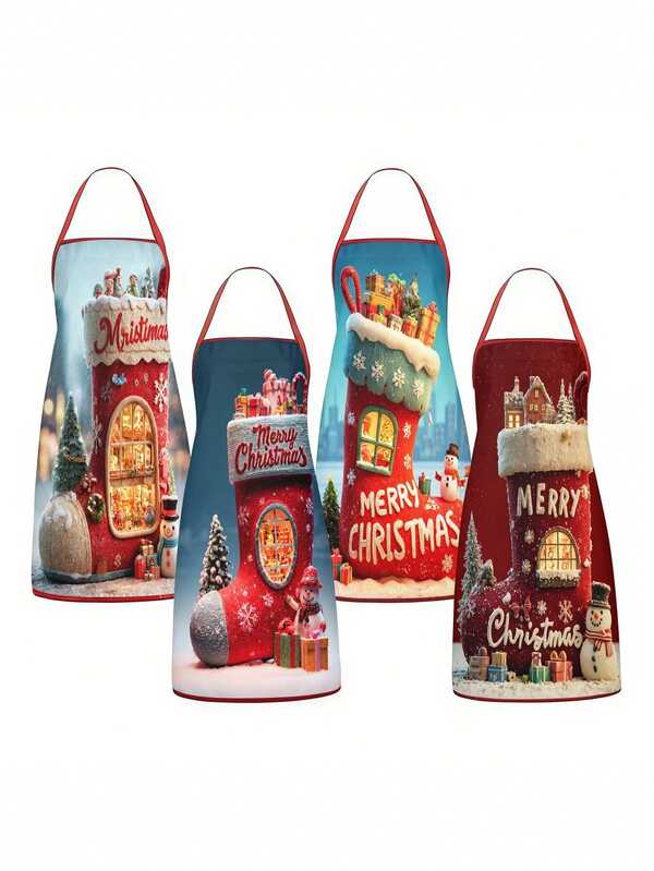 4PCS Christmas Mrs. Claus Apron Set, Funny Santa Costume Print Adjustable Waterproof Kitchen Apron, Holiday Cooking Apron Gift For Women