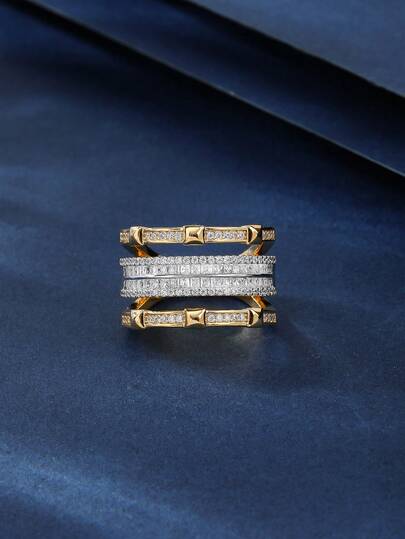 Cincin Besar Wanita Bahan Tembaga, Desain Geometris Mengkilap, Zirkonia yang Dipasang dengan Tangan, Pesona Modis, Cocok Sebagai Hadiah, Liburan, dan Pemakaian Sehari-hari untuk Wanita