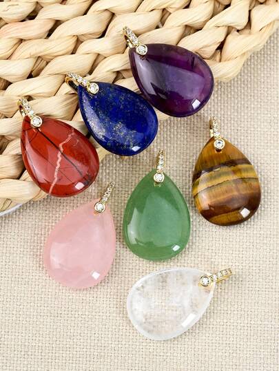 Yumfeel 1pc Elegant Natural Stone Pendant Fashionable Delicate Stainless Steel Zirconia Inlaid, 16*26mm Natural Amethyst Tiger Eye Lapis Lazuli Rose Quartz Water Drop Pendant, Can Be Used For DIY Women's Necklace Etc. Jewelry Making Materials. Christmas/Valentine's Day Gift, Natural Stone Lovers.