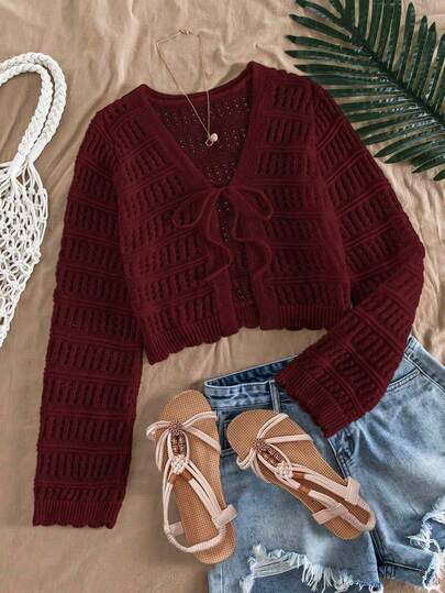 Fall LWomen's Boho Hollow Out Long Sleeve Cover Up,Tie Front Sun Protection Cardigan,Summer Beach Outerwear For Vacation,Teacher,Halloween,Club,Go Out