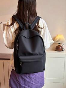 Unisex Black Solid Color Nylon MILANO ITALY Letter Print Daily Backpack, Single Front Zipper Pocket, Suitable For Office Daily Commute Campus, Minimalist Unisex Style - Multicolor - View 8