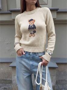 Women's Autumn Short Knit Sweater, Cute Bear Print, Long Sleeve Ribbed Knit Pullover, - Multicolor - View 2