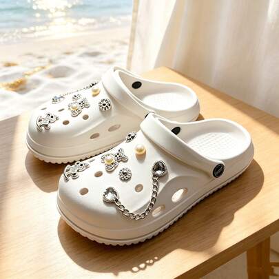 Women's Thick Sole Hollow Out Casual Sandals, Perforated Slip-On Shoes, Non-Slip Soft Bottom Breathable Beach Shoes, Commute Slip-On Sandals, Thick Sole Height-Increasing EVA Closed-Toe Sandals, Versatile Outdoor Wear For Girls