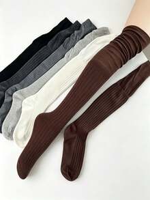 1/4 Pairs Women Solid Vertical Ribbed Knit Thigh High Socks, Casual Slouch Over The Knee Long Socks, Versatile Daily Leg Warmers - Multicolor - View 6