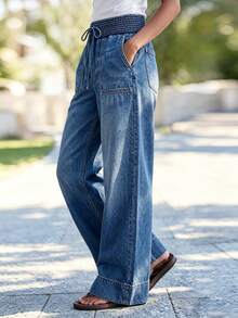 Women's Casual And Elegant Wide-Leg Denim Trousers, Featuring Pockets And A Gathered Waistband, Long, Washed, And Relaxed Fit. - Medium Wash - View 5