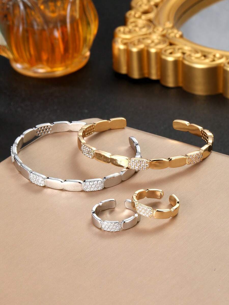 蜂巢立方鋯石女款手鍊與戒指套組，金/銀色可選，適合婚禮與派對穿著
