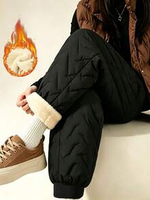 Women's Quilted Thermal Pants, Casual Elastic Waist Drawstring Windproof Pants With Fleece Lined - Black - View 1