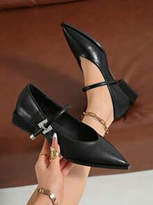 Vintage Chunky Heel Pointed Toe Mary Jane Pumps For Women, New Elegant Commuter French Style High Heels With Strap - Black - View 2