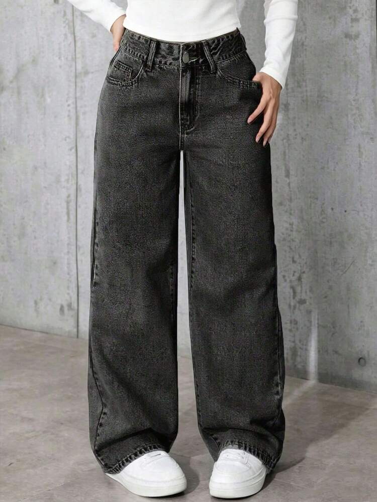 DH Teen Girl Solid Color Minimalist Straight Leg Jeans - Black - View 2