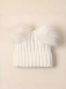 1pc Solid Color Double Pom-Pom Design Children's Knitted Hat, Autumn/Winter Woolen Beanie - 1PC - View 8