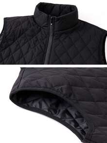 1pc Men's Spring/Autumn Stand Collar Diamond Quilted Vest, Sleeveless Waistcoat, Solid Color Outdoor Commute Daily Wear Jacket - Black - View 6