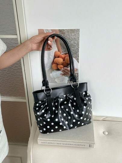 1pc Vintage Dot Print Gathered Underarm Handbag, Smooth Faux Leather Lightweight Medium Shoulder Bag For Street Commute