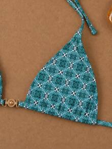 Women's Floral Print Halter Neck Bikini Swimwear Set, Fashionable For Beach Vacation Summer - Multicolor - View 4