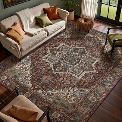 Alfombra de poliéster marrón castaño lavable a máquina - Antideslizante, cómoda y suave, amigable con la piel, resistente a las manchas, estilo vintage, gran tamaño para sala de estar, uso interior, fabricada a máquina, 0.25 pulgadas de grosor, cachemira sintética, decoración del hogar