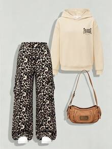 Girls' Vintage 2 Pieces Sports Set, Letter Print Hoodie Sweatshirt With Leopard Print Cargo Wide Leg Pants, Casual Autumn/Winter Outfit - Apricot - View 2
