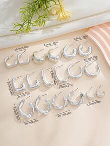 Set Of 9 Mixed Style Silver Hoop Earrings For Women Minimalist Chunky Twisted Daily Office Party Gift - Silver - View 8