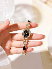 1 Pc Women's Jewelry Oval Dial Quartz Watch Gold Alloy Design Sense Watch Retro Temperament Light Luxury Gift Women's Watch - Black - View 4