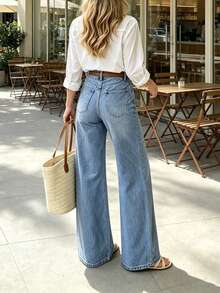 Women's Long Wide Leg Denim Jeans, Medium Stretch, Washed Finish, With Pockets, Suitable For Casual Daily Wear - Medium Wash - View 5