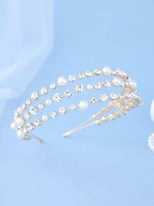 Elegant Gold Tone Pearl Crystal Bridal Headband Wedding Hair Accessories Women For Prom Party Birthday Pageant - Gold - View 7