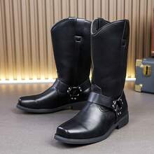 Men's Buckle Western Mid-Calf Riding Boots, Men's Boots, Vintage Work Boots, Outdoor Daily Commute Men's Casual Boots - Black - View 10
