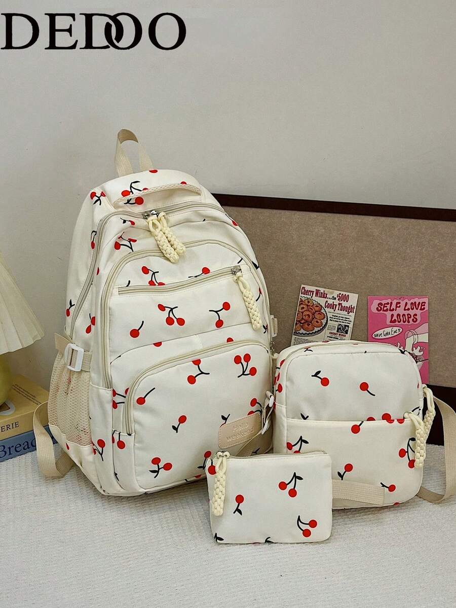 Dedoo 3件組後背包套裝，櫻桃印花，編織吊飾，大容量學生書包，清新韓風大學校園學生設計