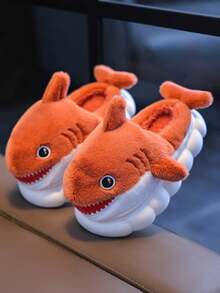 1 Pair Cute Shark Design Kids Slippers Boys Fluffy Cartoon House Shoes Toddler Winter - Orange - View 4