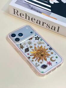 1pc Pink Frame Transparent Minimalist Lens Protection Anti-Fall Anti-Collision Gold Bead Embroidery Sun Pattern Phone Case Personalized Suitable For IPhone 16 Pro Max Phone Case 17/16/15/14/13/12/11 Protective Case Air Suitable For Samsung Series - Multicolor - View 5
