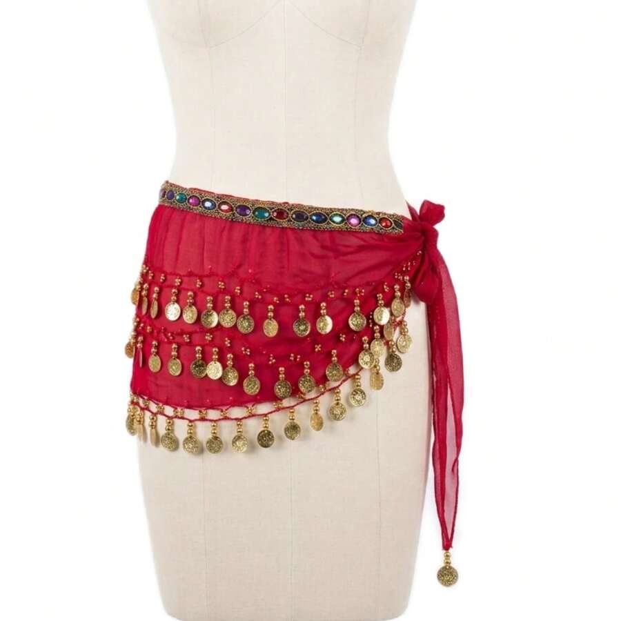 Belly Dance Scarf With Stones And Coins Luxury Various Models - New Arrival - 紅色 - 查看 1